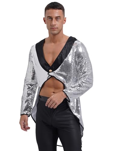 winying Herren Zirkusdirektor Kostüm Pailletten Jacke Langarm Gothic Punk Frack Mantel Smoking Für Karneval Fasching Halloween Kostüm Silber 3XL winying Herren Zirkusdirektor Kostüm Pailletten Jacke Langarm Gothic Punk Frack Mantel Smoking Für Karneval Fasching Halloween Kostüm Silber 3XL von winying