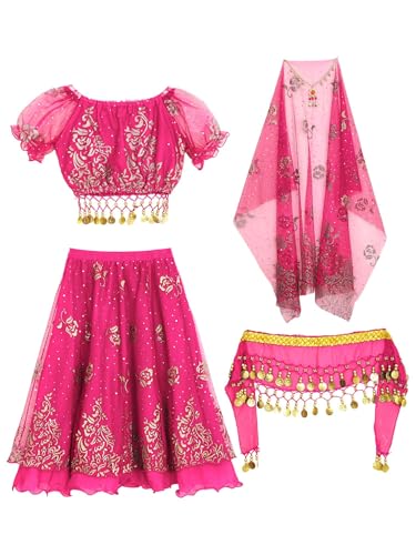winying Indisches Bauchtanz Mädchenkostüm für Kinder 4 Stück Tanzshirt + Rock Kopftuch und Kopfbedeckung Dancewear Hot Pink 134-140 von winying