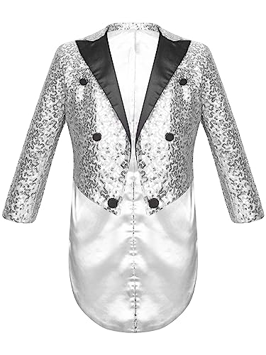 winying Jungen Glänzende Pailletten Smoking Jacke Anzug Funkelnde Frack Blazer Langarm Revers Glitzer Strickjacke für Party Fasching Mottoparty Silber 146-152 winying Jungen Glänzende Pailletten Smoking Jacke Anzug Funkelnde Frack Blazer Langarm Revers Glitzer Strickjacke für Party Fasching Mottoparty Silber 146-152 von winying