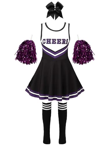 winying Kinder Mädchen Cheerleading Uniform Set Ärmellos Cheerleaderkleid Tanzkleid mit Hand Blumen Socken Bowknot Kopfbedeckung Karneval Kostüm Schwarz 98-104 von winying