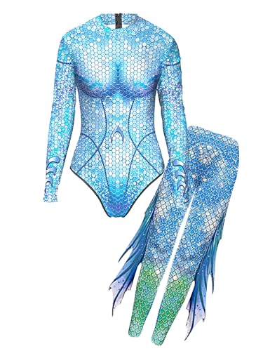 winying Meerjungfrau Kostüm für Frauen Fischschuppen Druck Meerjungfrau Rollenspiel Langärmel Jumpsuit mit Strumpfhosen für HalloweenParty Blau S von winying