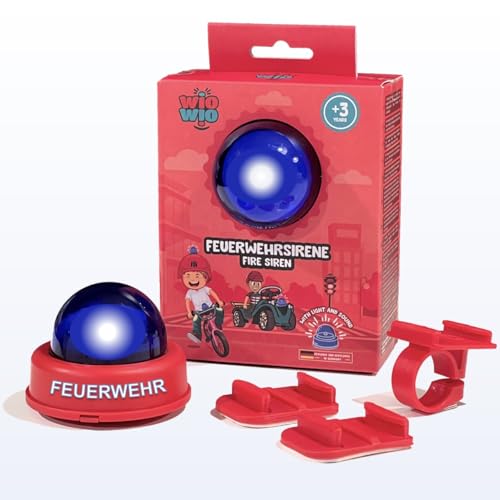wiowio Feuerwehr Sirene für Kinder, Blaulicht mit abnehmbaren Halterungen für Rutschauto, Helm, Laufrad, Lenker, Roller, Fahrrad, Klingel, Geschenk Spielzeug ab 3 Jahre (Rot, Set mit 3 Halterungen) von wiowio