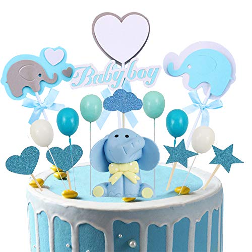 witgift 41 Stücke Tortendeko Babyparty, Junge Elefante Baby Boy Luftballon Sterne Kuchen Tortendeko,Geburtstag Cupcake Tortenstecker für Baby Shower Kindergeburtstag Kuchendeckel Topper von witgift