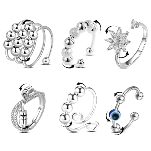 weltcup 6 Pcs Anxiety Ring Spinner Ringe Angst Fidget Ringe Verstellbare Stapelbare für Stress Abbauen Unendlichkeit Spinner Fidget Ring mit Perlen, Unisex Dekompressionsringe Paar Ringes von wlertcop