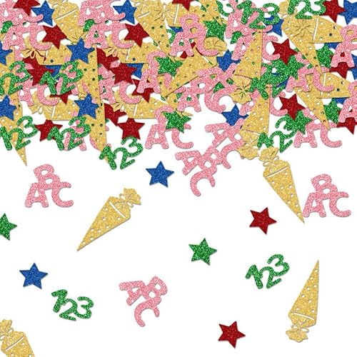 100 Stück Einschulung Deko Konfetti – Glitter School Cone Table Decoration for First Day of School, Schooleinführung Confetti for Mädchen und Jungen, Farbige ABC, 123 und Sternen Deko von wokdsbl