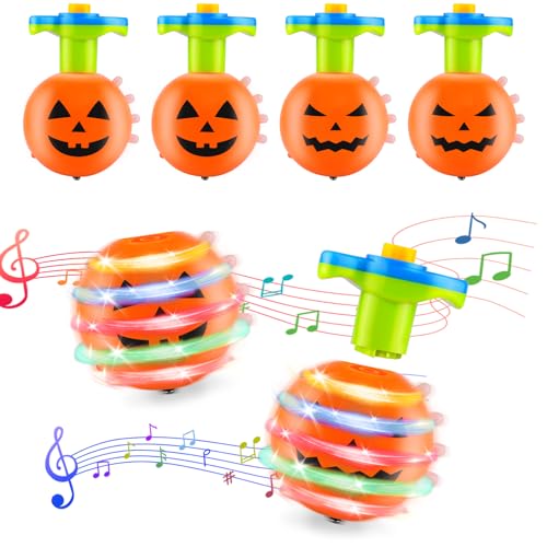 Halloween Kreisel für Kinder – 4er Set Kürbis-Kreisel mit Licht und Musik, Dekompressions Ziehspielzeug für Jungen Mädchen Party Mitgebsel von wokdsbl