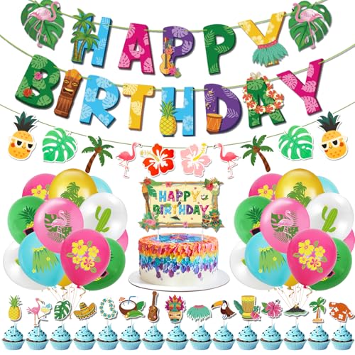 Hawaii Party Deko Flamingo Geburtstag Set mit Luftballons Geburtstag, Banner & Cupcake Topper, Kindergeburtstag Deko für Sommerparty, Poolparty, Strandparty, Gartenparty – Ideal für Mädchen & Jungen von wokdsbl