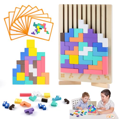 Holzpuzzle Tetris Lernspielzeug Ab 3 4 5 6 Jahre – Montessori Holzspiel mit Geometrischen Blöcken, 3D Puzzle Holz Bunt für Kinder, Intelligenz Gehirnspiel Geschenk Junge Mädchen Vorschule von wokdsbl
