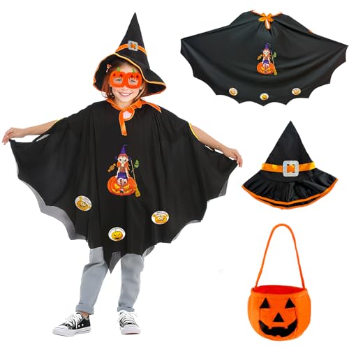 wokdsbl Halloween Kostüm Kinder Hexe Umhang mit Hut Brille und Kürbistasche | Fledermaus Kostüm für Mädchen Jungen 90–150 cm | Kinder Halloween Kostüm Umhang für Karneval Verkleidung Party wokdsbl Halloween Kostüm Kinder Hexe Umhang mit Hut Brille und Kürbistasche | Fledermaus Kostüm für Mädchen Jungen 90–150 cm | Kinder Halloween Kostüm Umhang für Karneval Verkleidung Party von wokdsbl