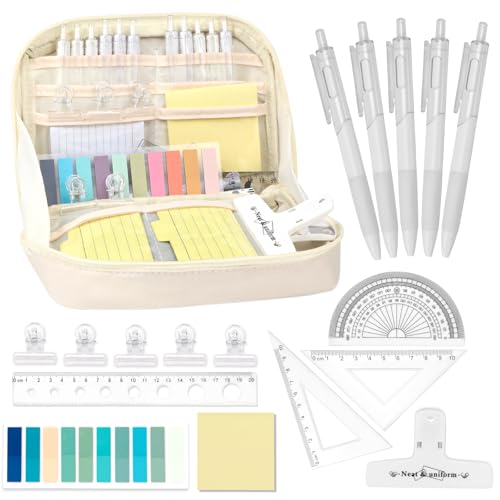 wokdsbl Mäppchen Aesthetic Schreibwaren Set Beige für Teenager Mädchen – Mäppchen Mit Stiften Lineal Sticky Notes – Schulsachen Schule – Großes Federmäppchen Back to School Must Haves von wokdsbl