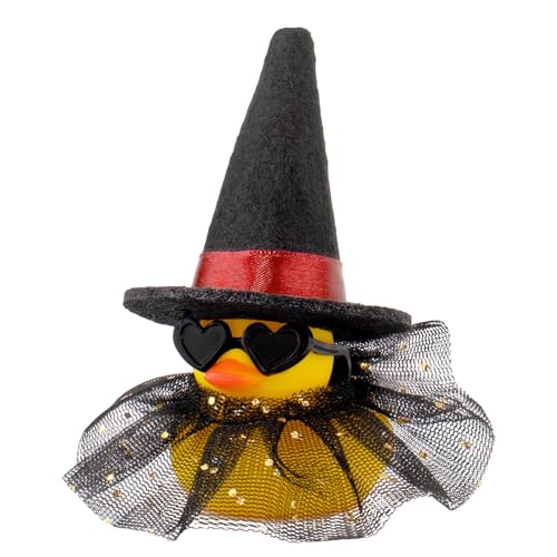 wonuu Auto Armaturenbrett Gummienten für Halloween, Dekorationen Ente für Büro Schreibtisch Ornament Zubehör mit Hexenhut Schwarz Herz Brille Rock, für Halloween Party Geschenke (Rot) von wonuu