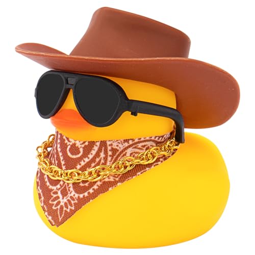 wonuu Auto Armaturenbrett West Cowboy Hut Gummi Enten Dekorationen Gummi Ente für Auto Ornament Niedliche Ente mit Hut, Brille, Halskette, Schal (Braun) von wonuu