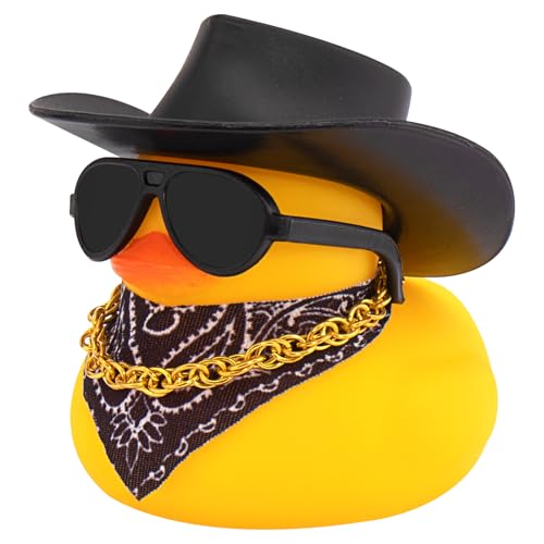 wonuu Auto Armaturenbrett West Cowboy Hut Gummi Enten Dekorationen Gummi Ente für Auto Ornament Niedliche Ente mit Hut, Brille, Halskette, Schal (Schwarz) von wonuu
