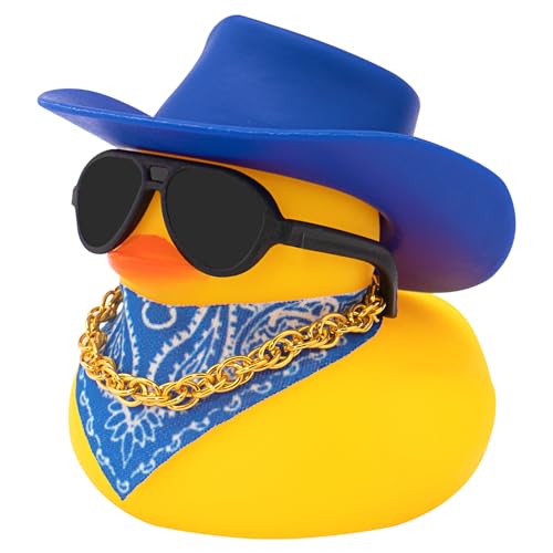wonuu Auto Armaturenbrett West Cowboy Hut Gummi Enten Dekorationen Gummi Ente für Auto Ornament Niedliche Ente mit Hut Brille Halskette Schal (Blau) von wonuu