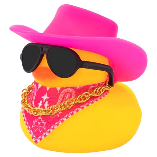 wonuu Auto Armaturenbrett West Cowboy Hut Gummi Enten Dekorationen Gummi Ente für Auto Ornament Niedliche Ente mit Hut Brille Halskette Schal (Rosa) von wonuu