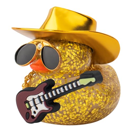 wonuu Auto-Dekorationen Laser Cowboyhut Gummienten Armaturenbrett Gummiente für Auto Ornament Niedliche Ente mit Hut, Brille, Halskette, Gitarre (Glitzer Gelb) von wonuu