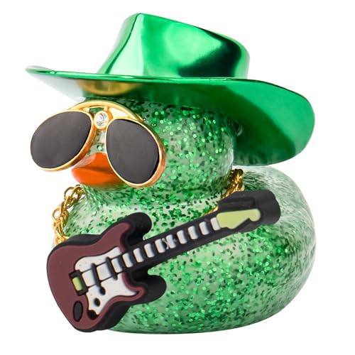 wonuu Auto Dekorationen Laser Cowboyhut Gummienten Armaturenbrett Gummiente für Auto Ornament Niedliche Ente mit Hut, Brille, Halskette, Gitarre (Glitzer Grün) von wonuu