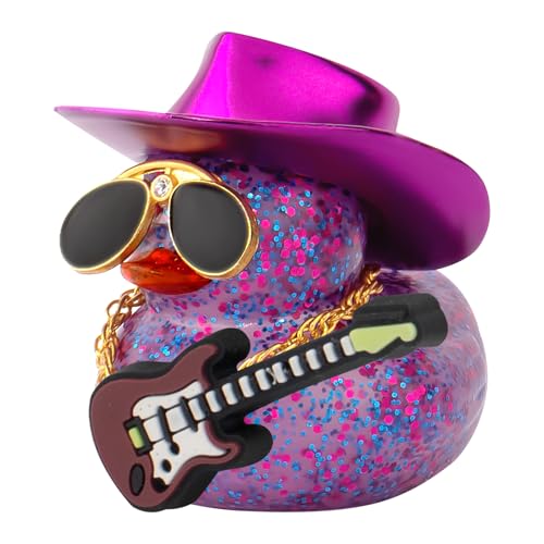 wonuu Auto-Dekorationen Laser Cowboyhut Gummienten Armaturenbrett Gummiente für Auto Ornament Niedliche Ente mit Hut, Brille, Halskette, Gitarre (Glitzer Lila) von wonuu