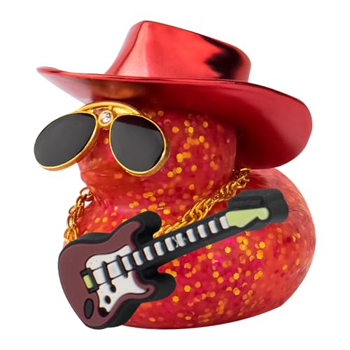 wonuu Auto-Dekorationen Laser Cowboyhut Gummienten Armaturenbrett Gummiente für Auto Ornament Niedliche Ente mit Hut, Brille, Halskette, Gitarre (Glitzer Rot) von wonuu