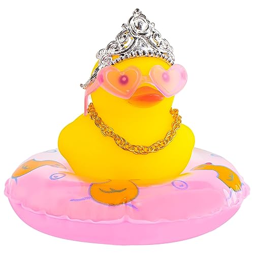 wonuu Auto Ente Dekoration Armaturenbrett Ornament für Armaturenbrett Dekoration Gummi Zubehör mit Perlenkette Krone Mini Schwimmring und Sonnenbrille, C_Pink Heart_Queen Crown_Chain_Pink von wonuu