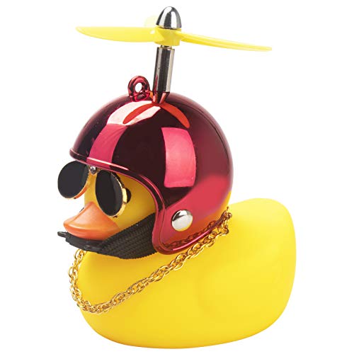 wonuu Gummiente Auto Ornamente Gelbe Ente Auto Armaturenbrett Dekorationen Coole Brille Ente mit Propeller Helm (Brillant Rot-Gelb) von wonuu