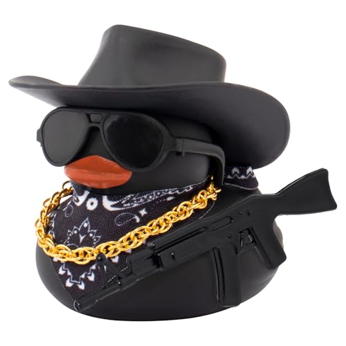 wonuu Schwarze Gummiente Auto Ornamente Armaturenbrett Dekorationen für cooles Autozubehör mit Cowboyhut Halskette und Sonnenbrille AK47 wonuu Schwarze Gummiente Auto Ornamente Armaturenbrett Dekorationen für cooles Autozubehör mit Cowboyhut Halskette und Sonnenbrille AK47 von wonuu