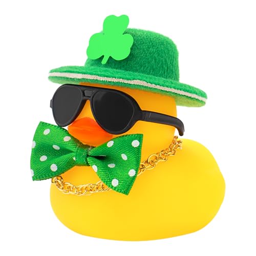 wonuu St. Patrick's Day Autodekorationen Gummiente, Armaturenbrett Grüne Kleeblätter Hut Ente für Auto Ornament Zubehör Enten mit Zylinderhut Kunststoff Brille Kette Polka Dot Fliege von wonuu