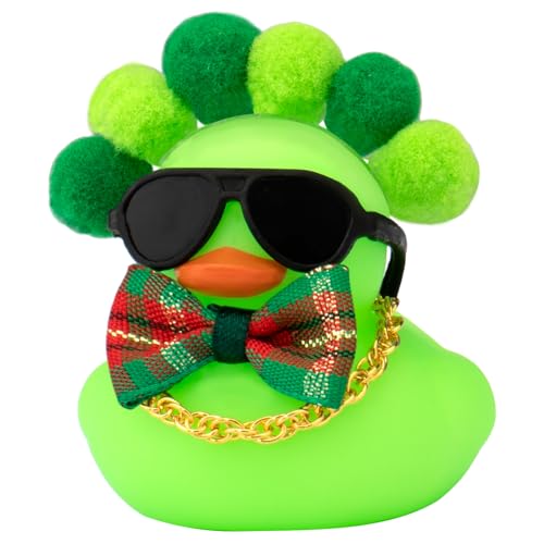 wonuu St. Patrick's Day Gummiente, grüne Glücks-Gummienten mit Mini-Plüschbällen Sonnenbrillen-Halskette, karierte Schleife von wonuu