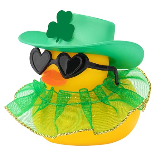 wonuu St. Patrick's Day Gummiente, grünes Kleeblatt, Glücks-Gummienten mit Rock für Ente, Partyzubehör, Armaturenbrett-Dekoration, Auto-Ornament, Herz-Sonnenbrille, grüner Cowboyhut, goldener Saum von wonuu