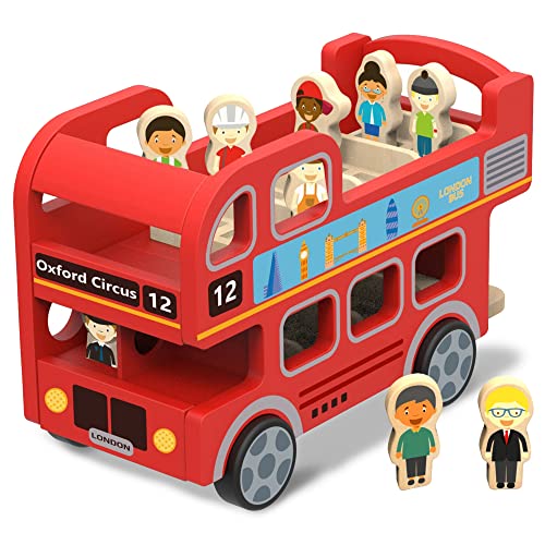 woody treasures Wooden Toys London Bus Spielzeug – London Double Decker Red Bus – inkl. 8 Figuren – kein Zusammenbau erforderlich von woody treasures
