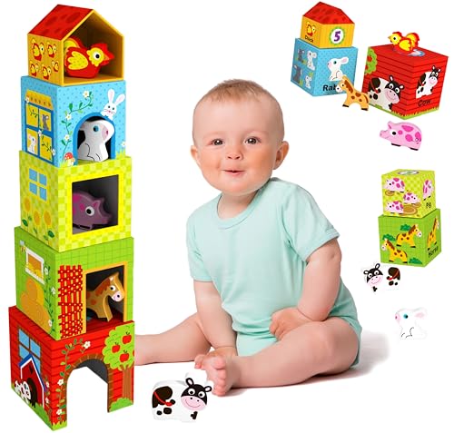 Woopie Green | Bauernhof Stapelwürfel | Stapelbrett in Boxen | Tierfiguren | Perzeptionenlehre | Kinderspielzeug | Ab dem 12 Monaten Leben | 10 Teile von woopie!
