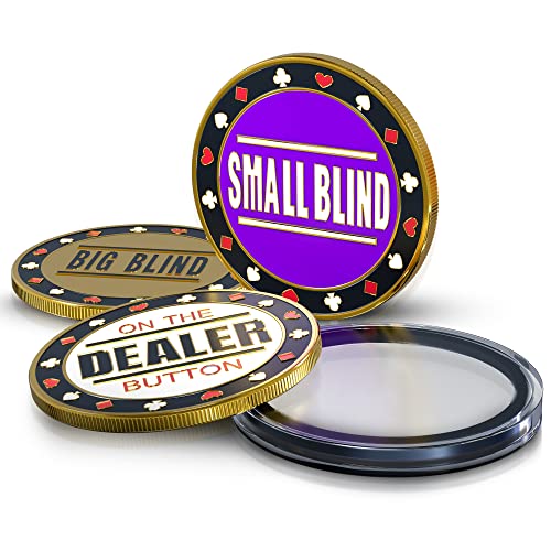 wortek Edles Poker Button Set Dealer Button Set aus Metall inkl. Schutzhülle - Dealer Button Big Blind Button und Small Blind Button – Pokerchips für Pokerset - Geschenk für Pokerfans von wortek
