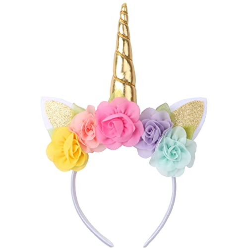 Wozloify Einhorn Haarreif mit Horn, Ohren und Blumen - Geburtstag Damen Haarschmuck für Ostern, Party, Karneval - Head Accessoires Dekoration (Gold) von wozloify