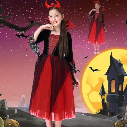 wqibq Kinder Vampirkostüm - Halloween Kostüm Vampirkönigin,Gothic Anzug Für Maskerade Feste Feiern Familienfeiern Cosplay wqibq Kinder Vampirkostüm - Halloween Kostüm Vampirkönigin,Gothic Anzug Für Maskerade Feste Feiern Familienfeiern Cosplay von wqibq