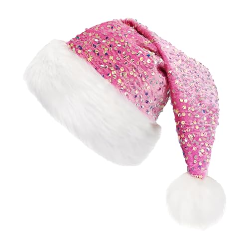 wqibq Pailletten-Weihnachtsmütze,Weihnachts-Pailletten-Nikolausmütze mit glänzenden Pailletten und Pompon, Glitzer-Weihnachtsmütze für Damen, Weihnachtsmützen, Weihnachtskopfbedeckungen für das von wqibq