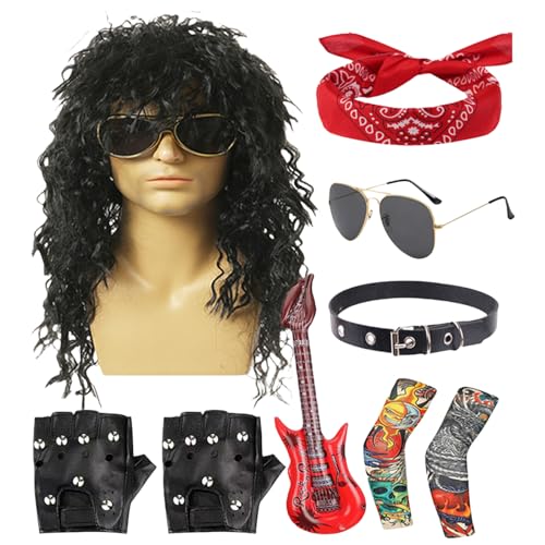 wqibq Rocker -Kostüm | Halloween 80S Rocker Stern Kostüme Set | 9pcs Herren Rock-er Heavy Metal Costumme 70s 80er Jahre Rock-Perücken Männer kosteneum für tägliche Verschleiß von wqibq