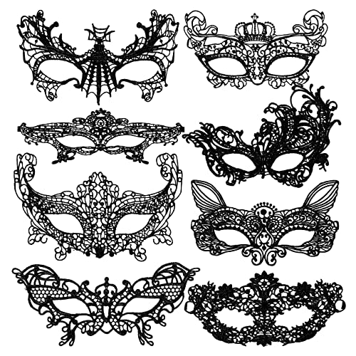 wugongshan 8 Stk Venezianische Masken, Schwarz Sexy Damen Spitze Augenmaske, Maskerade Spitzenmaske für Halloween Maskenball Kostüm Karneval Abschlussball Party Kostüm Ball Masken von wugongshan