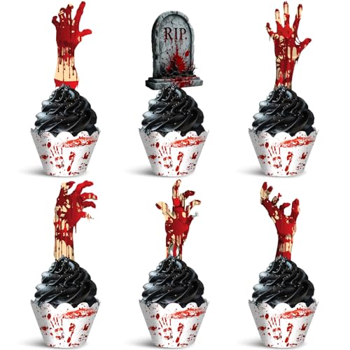 Cupcake-Topper und Wrapper-Set für Halloween, Zombie, Horror-Grabstein, Handabdruck, Rot, 48-teiliges Set für Halloween-Partys von wuhuzsm