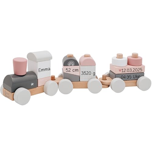 wunderwunsch® - Personalisierte Holz Eisenbahn Kinder - Geburtstagszug - Zug Baby Eisenbahn - Holzzug Personalisierte Geschenke Baby Spielzeug 1 Jahr (rosa, 41 x 5 x 11 cm) von wunderwunsch