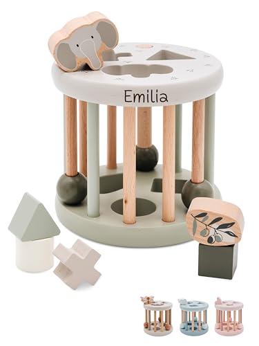 wunderwunsch Personalisiertes Formen-Sortier-Rad aus Holz - Montessori Würfel - Baby Motorikspielzeug ab 1 Jahr - Kinderspielzeug Motorik Lernen (Olive, mit Name) von wunderwunsch