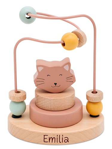 wunderwunsch Trixie Motorikschleife als Baby Geschenk, Geschenke zur Geburt, Babyspielzeug, Personalisierte Geburtstagsgeschenke, Montessori Spielzeug mit Personalierung (Katze, mit Name) von wunderwunsch