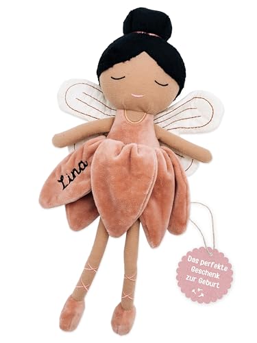 wunderwunsch personalisierte Fee als Taufgeschenk Mädchen, Fairy, Geschenk Geburt, Puppe, Baby, 1. Geburtstag Girly, Kuscheltier individualisiert (Schwarze Haare) von wunderwunsch