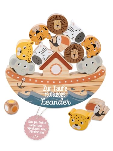 wunderwunsch small Foot Balancierspiel Arche Safari personalisiert, Motorikspiel für Kinder, Motorikspielzeug aus Holz, inkl. Würfel, ab 3 Jahren (Zur Taufe + Daten) von wunderwunsch