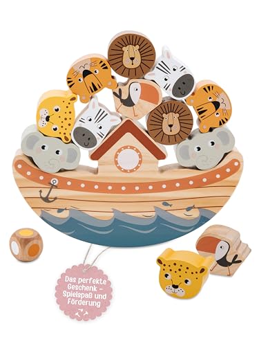 wunderwunsch small Foot Balancierspiel Arche Safari personalisiert, Motorikspiel für Kinder, Motorikspielzeug aus Holz, inkl. Würfel, ab 3 Jahren (ohne Name) von wunderwunsch