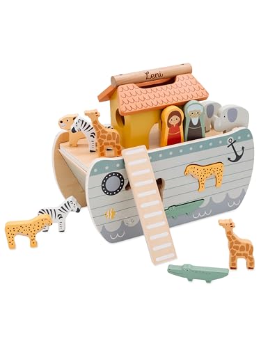 wunderwunsch smallfoot Arche Noah Taufgeschenk, Geschenk Taufe Jungen und Mädchen, Motorikspielzeug, Baptism Gift für Kinder als Lernspielzeug (mit Name auf Griff) von wunderwunsch