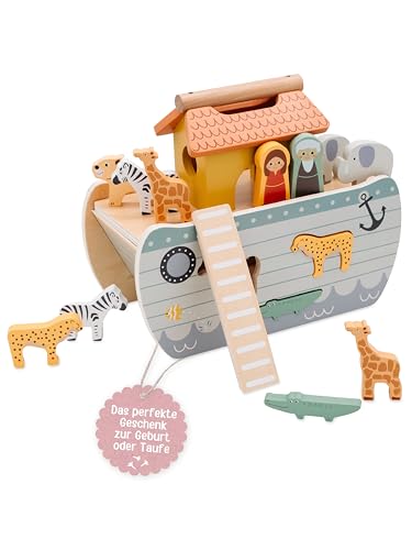 wunderwunsch smallfoot Arche Noah Taufgeschenk, Geschenk Taufe Jungen und Mädchen, Motorikspielzeug, Baptism Gift für Kinder als Lernspielzeug (ohne Name) von wunderwunsch