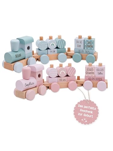 wunderwunsch smallfoot personalisierter Geburtstagszug, Motorikspielzeug, Geschenk Geburt, Personalisierter Zug, Babygeschenk, Holzeisenbahn, Taufgeschenk, individualisiert (blau, mit Name) von wunderwunsch