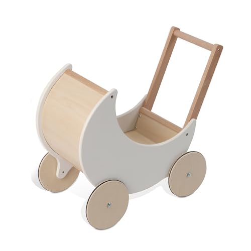 wuuhoo® Lauflernwagen Lou aus Holz - Puppenwagen als Lauflernhilfe in weiß mit gummierten Rädern und Stütze, Holz-Kinderspielzeug - Lernlaufwagen für Kinder ab 12 Monaten von wuuhoo