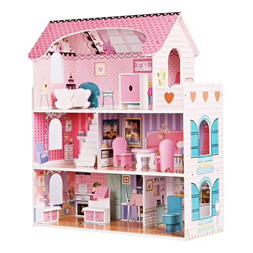 wuuhoo® Puppenhaus Mary aus Holz - große Puppenstube mit 3 Etage inkl. Möbel, Puppenvilla mit 5 Zimmern und Balkon - Holzspielzeug für Kinder von wuuhoo