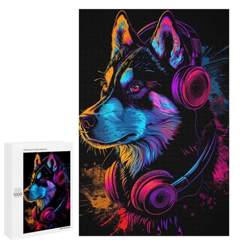 Sibirischer Husky mit Kopfhörern 1000 teiliges Puzzle für Erwachsene und Kinder ab 12 Jahren 75 x 50 cm von wuxiyueyue